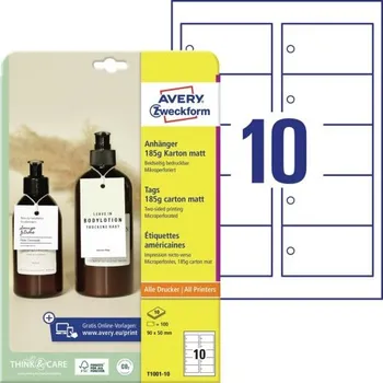 Samolepící etiketa AVERY Visačky 90x50mm, Obdelník, 10etiket na A4 Potisk Inkoust Laser, 10A4 185g/m