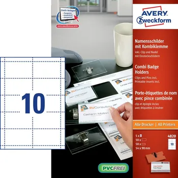 Samolepící etiketa AVERY Jmenovky s držákem s potisknutelnými jmenovkami 54x90 mm, A4 - 4820