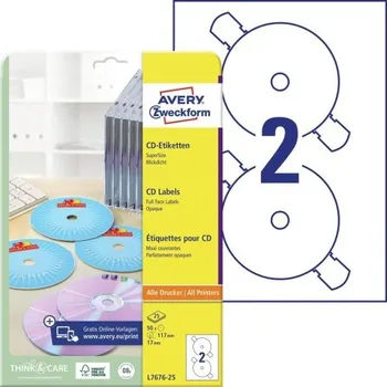 Samolepící etiketa Etikety na CD AVERY, průměr 117 mm, 25 listů, A4, bílé - L7676-25