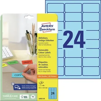 Samolepící etiketa Mini etikety AVERY snímatelné, 63,5x33,9 mm, 20 listů, modré - L6032-20