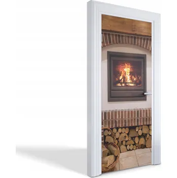 Fototapeta Dekorativní nálepka na dveře oživí vzhled Krásný krb s dřevem 85x205 cm