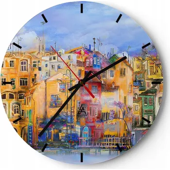 Hodiny Velké nástěnné hodiny 40x40 cm Město Skleněné hodiny Kulatý Tiché