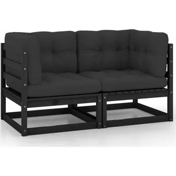 Pohovka Zahradní pohovka pro 2 osoby s polštáři, černá, borovicové dřevo