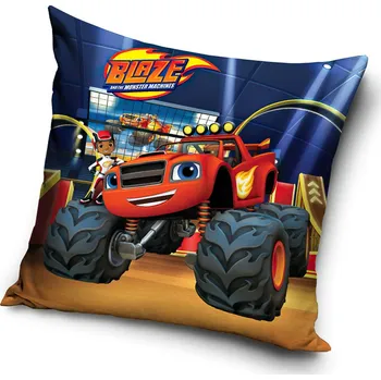 Polštář Dětský povlak na polštářek PLAMÍNEK A ČTYŘKOLÁCI PŘÁTELÉ (BLAZE), tmavě modrý, 40x40cm