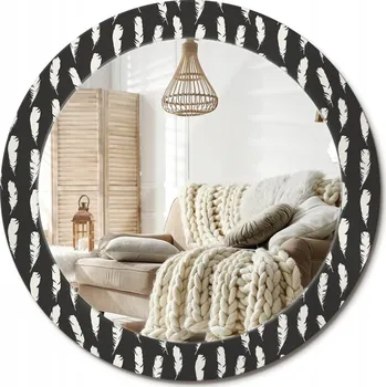 Zrcadlo Nástěnné zrcadlo zdobené grafikou na skle Černobílé peří Průměr 70 cm