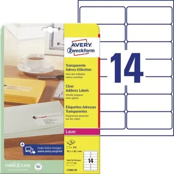 Samolepící etiketa Adresní etikety AVERY QuickPEEL, laser, 99,1x38,1 mm, 25 listů, A4, transparent - L7563-25