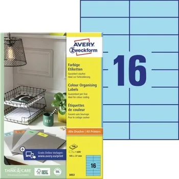 Samolepící etiketa AVERY ZWECKFORM 105x37mm, 100 listů, A4, Barevné univerzální etikety modré - 3453