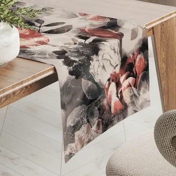 ubrus Dekorační běhoun na stůl Parma PM-111 Cihlově červené květy na kouřově šedohnědém 20x120 cm