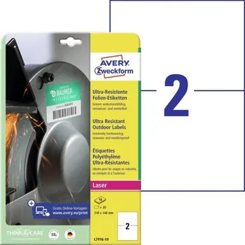 Speciální papír Avery Zweckform etikety 210mm x 148mm, A4, bílé, 2 etikety, velmi odolné, baleno po 10 ks,