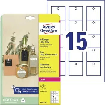 Speciální papír AVERY Visačky 50x50mm, čtverec, 15etiken na A4 Potisk Laser 10A4 190g/m