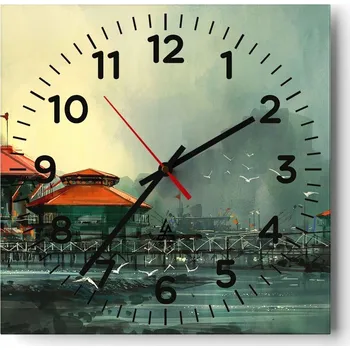 Hodiny Kuchyňské nástěnné hodiny 30x30 Motiv přístavu Moře Skleněné hodiny do obýváku Moderní Tiché