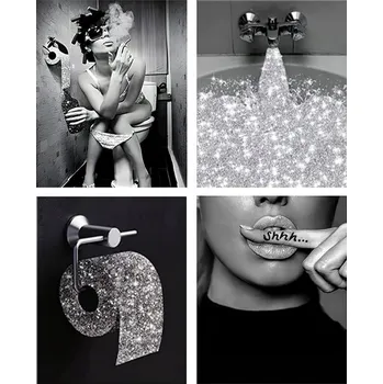 Obraz Plakát , obraz do koupelny na plátně, nástěnné umění, černobílý, 4 ks