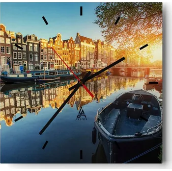 Hodiny Velké nástěnné hodiny na zeď 40x40 Město Skleněné hodiny Čtvercové Tiché