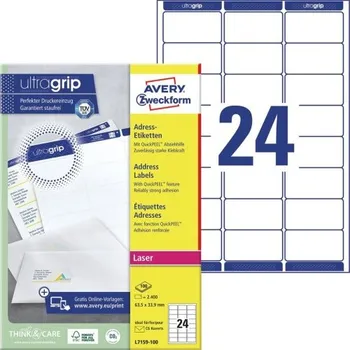 Samolepící etiketa Adresní etikety AVERY QuickPEEL, pro laser, 63,5 x 33,9 mm, 100 listů, A4, bílé - L7159-10