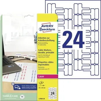 Speciální papír AVERY Zweckform etikety 60mm x 40mm, A4, bílé, 24 etiket, na kabely, baleno po 20 ks, L795