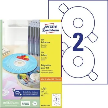Kancelář AVERY Etikety na CD průměr 117 mm, 100 listů, A4, bílé - L6043-100