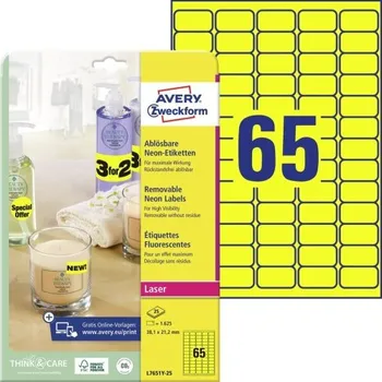 Papír AVERY Neonové etikety snímatelné pro laser, 38,1x21,2 mm, 25 listů, A4, žluté - L7651Y-25