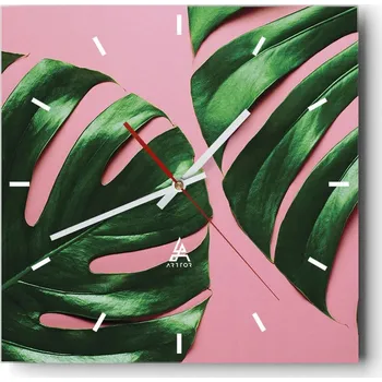Hodiny Velké nástěnné hodiny 40x40 Monstera Skleněné hodiny Čtvercové Tiché