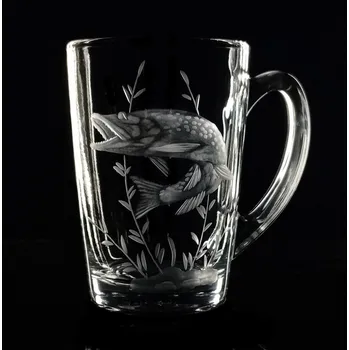 hrníček na čaj s rytinou štiky - ručně ryté (broušené) dárková krabička, dárek pro rybáře