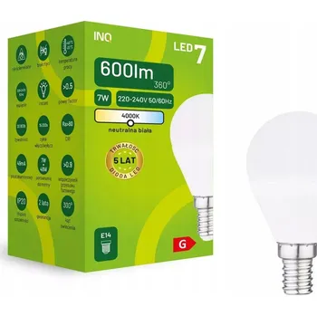 Žárovka INQ E14 LED žárovka 7W (ekvivalent 48W) 600lm G45 malá koule 4000K