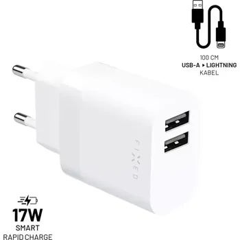 Set nabíječky FIXED s 2xUSB výstupem a USB/Lightning kabelu, 1 metr, 17W Smart Rapid Charge, bílá