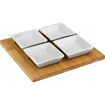 Sada na servírování předkrmů: 4 čtvercové misky + prkénko