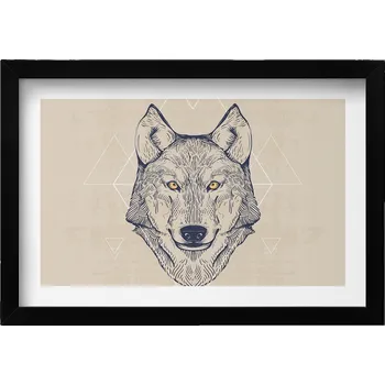 Obraz Dekorativní nástěnný obraz v černém rámu s loftovou grafikou Hlava vlka 30x20 cm