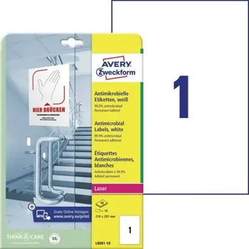 Samolepící etiketa AVERY Antimikrobiální etikety 210x297 mm, pro laser, 10 listů, A4, bílé - L8001-10