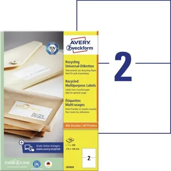Samolepící etiketa AVERY Univerzální etikety recyklované, 210x148 mm, 100 listů, A4, bílé - LR3655