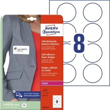 Speciální papír AVERY Samolepicí jmenovky 65mm, 8etiket na A4 Potisk laser Acetátové hedváb 20A4