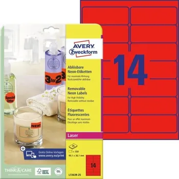 Samolepící etiketa AVERY ZWECKFORM etikety 99.1mm x 38.1mm, A4, červené, 14 etiket, baleno po 25 ks