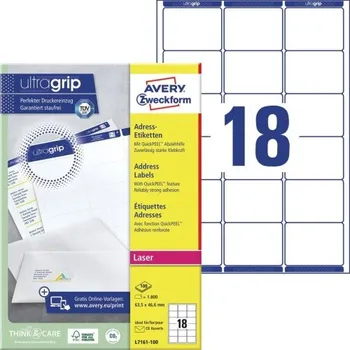 Samolepící etiketa AVERY Adresní etikety QuickPEEL, pro laser, 63,5 x 46,6 mm, 100 listů, A4, bílé, L7161-100
