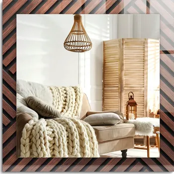 Zrcadlo Nástěnné zrcadlo zdobené grafikou na skle, dřevěné zkosené lišty, 60x60 cm