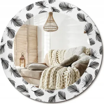 Zrcadlo Kulaté dekorativní zrcadlo na zeď s potiskem, Loft Pírka, průměr 60 cm
