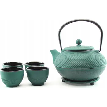 Konvice na čaj Litý Železný Džbán Japonský 1,5 L na Čaj se Šálky a Podstavcem - Zelený