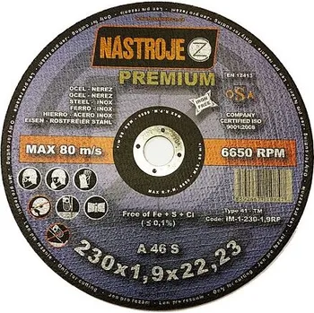 Řezný kotouč NÁSTROJE CZ kotouč řezný 230*1,9mm ocel a nerez IM-1-230-1,9RP PREMIUM