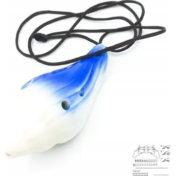 Mini keramická okarína ve tvaru mušle modrá, 6 otvorů, hmaty, noty, ocarina