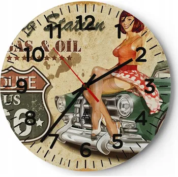 Hodiny Kuchyňské nástěnné hodiny 30x30 Route 66 Moderní skleněné hodiny do obýváku Tiché