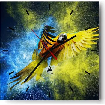 Hodiny Velké nástěnné hodiny na zeď 40x40 Papoušek Skleněné hodiny Čtvercové Tiché