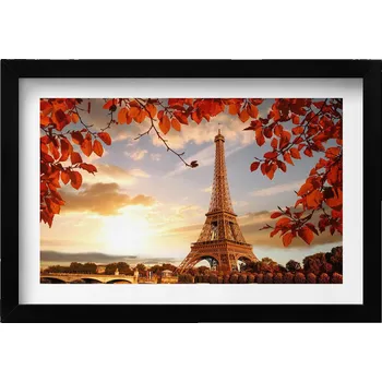 Obraz Nástěnný obraz v černém rámu s grafikou Eiffelovy věže mezi listy 30x20 cm