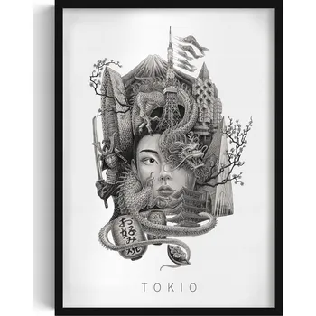 Obraz Dekorativní nástěnný obraz v rámu Černobílý Tokio Drak Višňový květ 50x70 cm