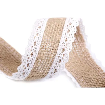 Stuha Jutová stuha s bavlněnou krajkou šíře 38 mm Varianta: 1 bílá, Balení: 1 ks