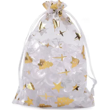 Vánoční dekorace Vánoční dárkový pytlík stromečky 10x14,5 cm organza Varianta: bílá zlatá, Balení: 10 ks