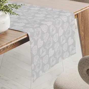 ubrus Dekorační běhoun na stůl PML-071 Srdce s ornamenty na šedém 20x160 cm