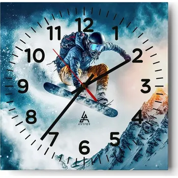 Hodiny Nástěnné hodiny do obýváku 40x40 Snowboard Tiché hodiny na skle Bezhlučné
