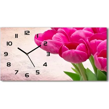 Hodiny Krásné skleněné nástěnné hodiny Růžové tulipány 60x30