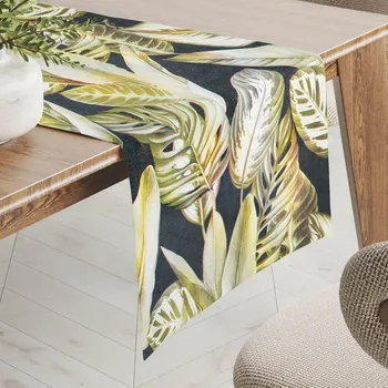 ubrus Sametový běhoun na stůl Tamara TMR-010 Zlaté tropické listy na zeleném 20x120 cm