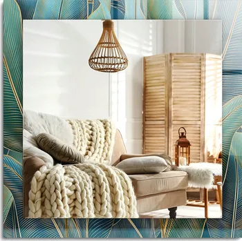 Zrcadlo Čtvercové nástěnné dekorativní zrcadlo s možností montáže vertikálně i horizontálně, motiv Listy a linie, 60x60 cm