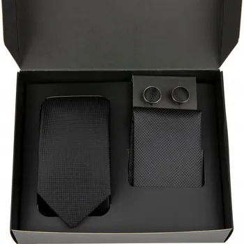 Kravata Pánská kravata černá + kapesníček černý + manžetové knoflíčky černé