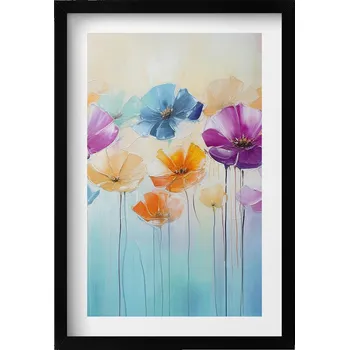 Obraz Ozdobný obraz v černém rámu do obýváku Malované barevné květiny 40x60 cm
